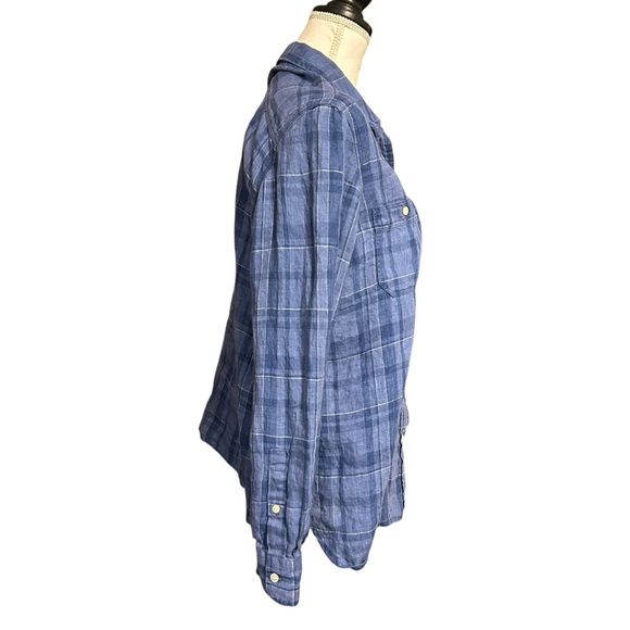 Lauren Ralph Lauren 100% Linen Plaid Button Down Shirt Women's XL Blue Preppy - Picture 2 of 7